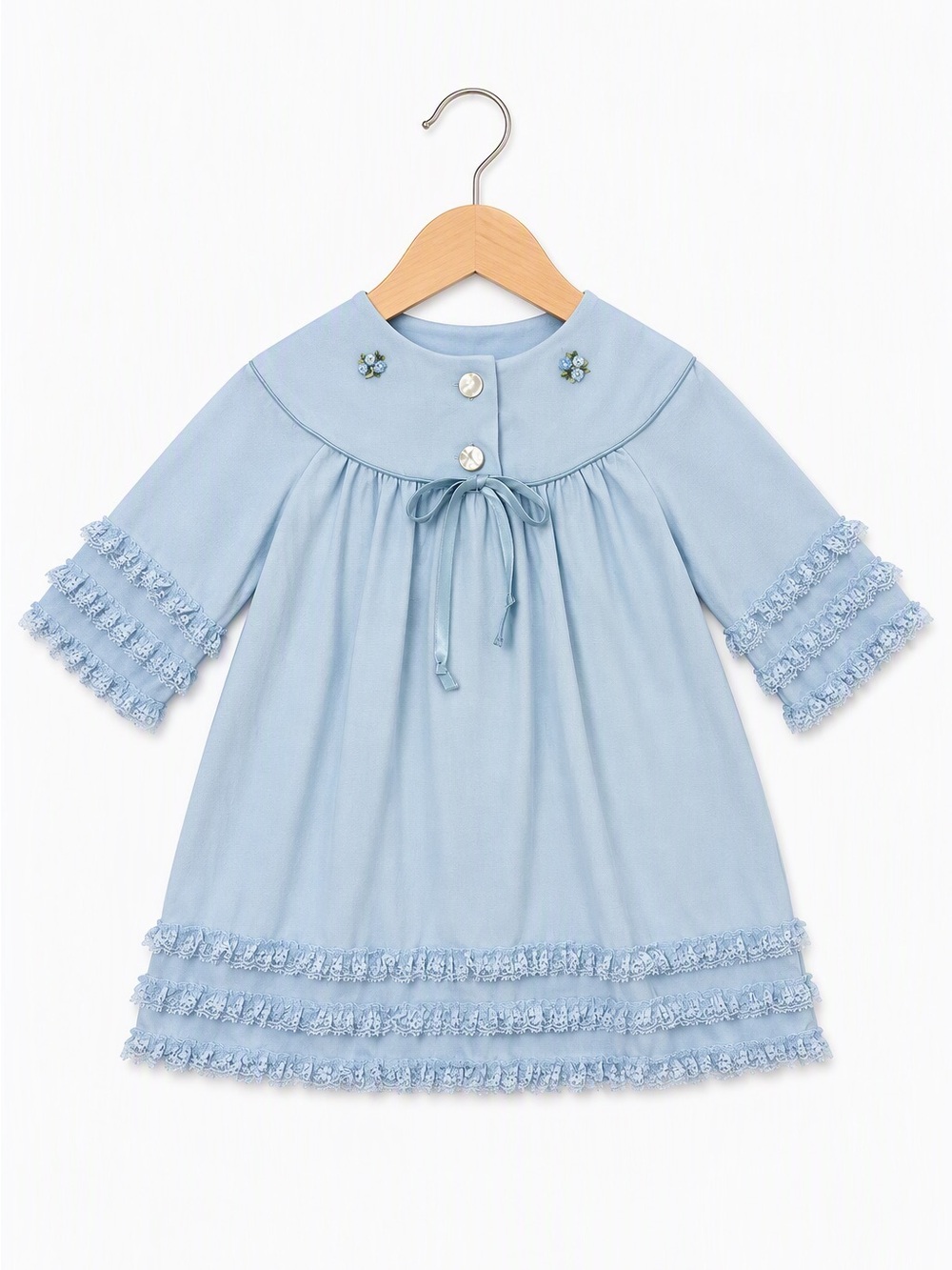 Vintage 90s Made in Canada Blue Bullion Tiered Scalloped Lace Ruffle Dress 4Y